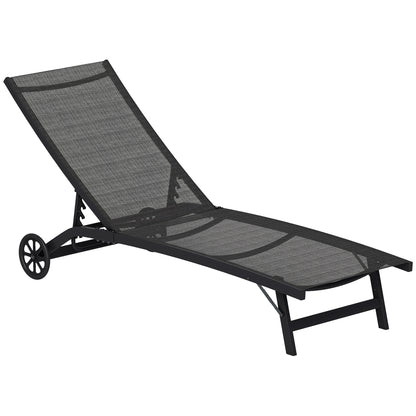 Sunbed with Wheels, Aluminum Garden Lounger with 5-position adjustable backrest, weatherproof camping bed, garden chair up to 150 kg load capacity, for garden holidays, beach, pool, Black