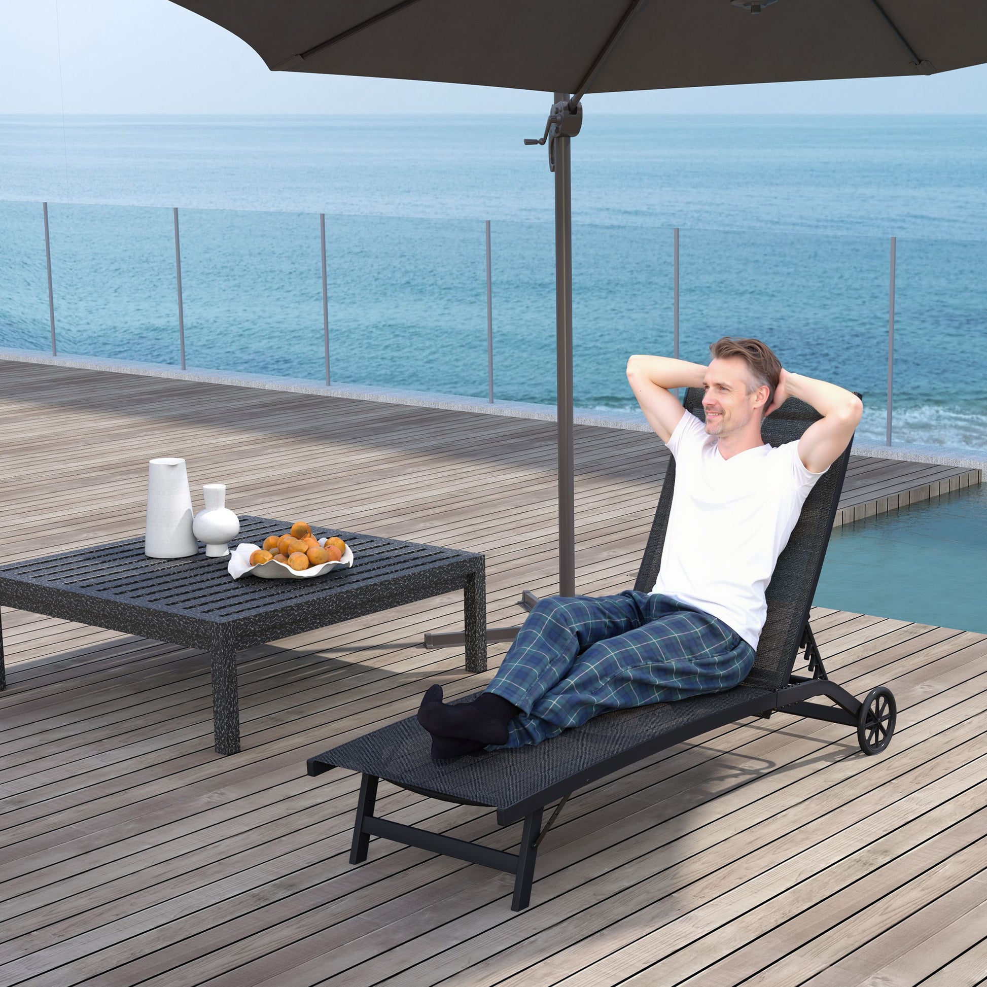 Sunbed with Wheels, Aluminum Garden Lounger with 5-position adjustable backrest, weatherproof camping bed, garden chair up to 150 kg load capacity, for garden holidays, beach, pool, Black