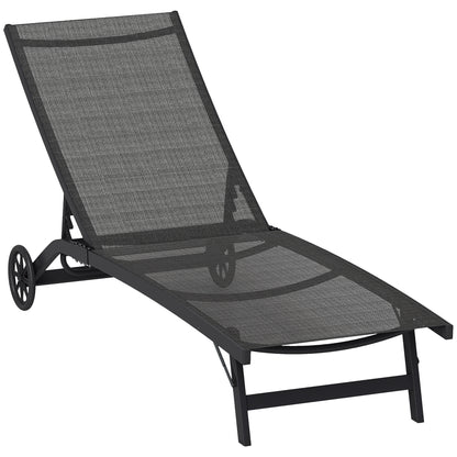 Sunbed with Wheels, Aluminum Garden Lounger with 5-position adjustable backrest, weatherproof camping bed, garden chair up to 150 kg load capacity, for garden holidays, beach, pool, Black