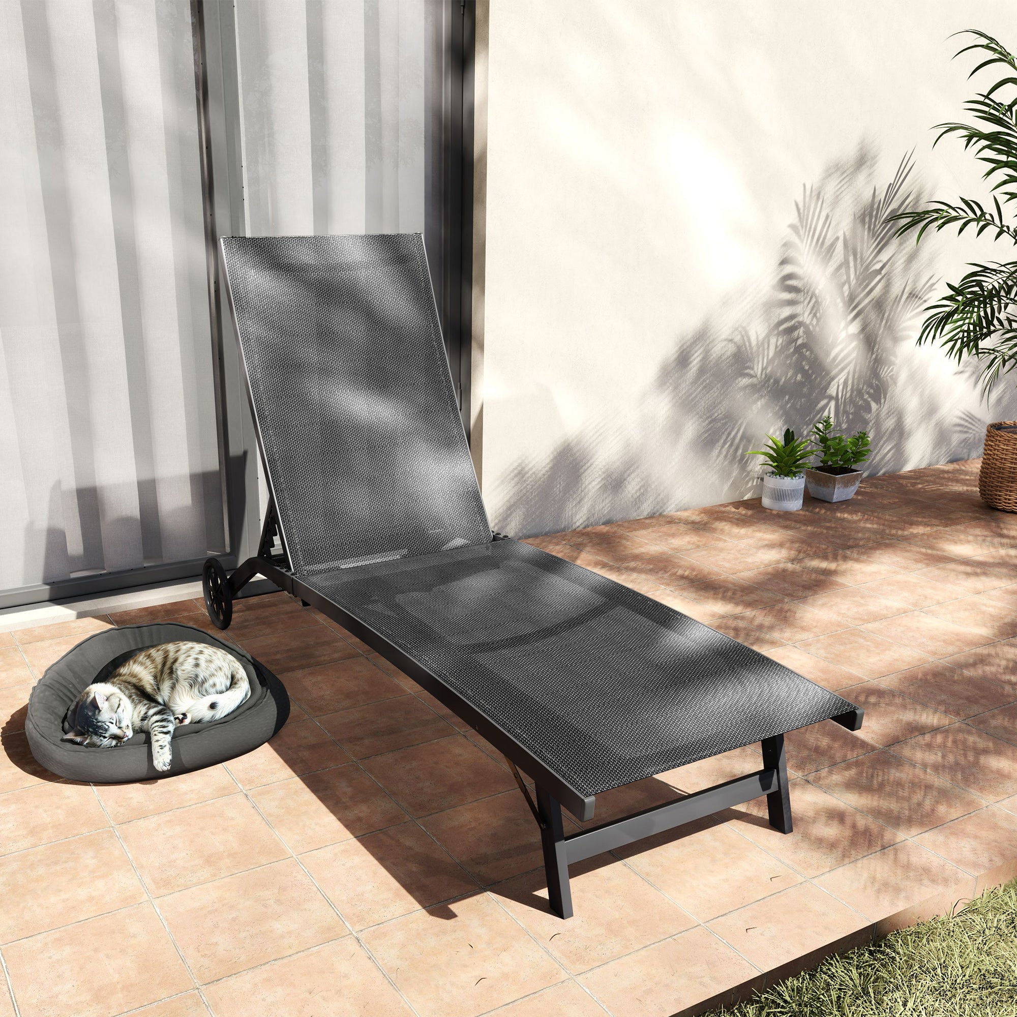 Sunbed with Wheels, Aluminum Garden Lounger with 5-position adjustable backrest, weatherproof camping bed, garden chair up to 150 kg load capacity, for garden holidays, beach, pool, Black