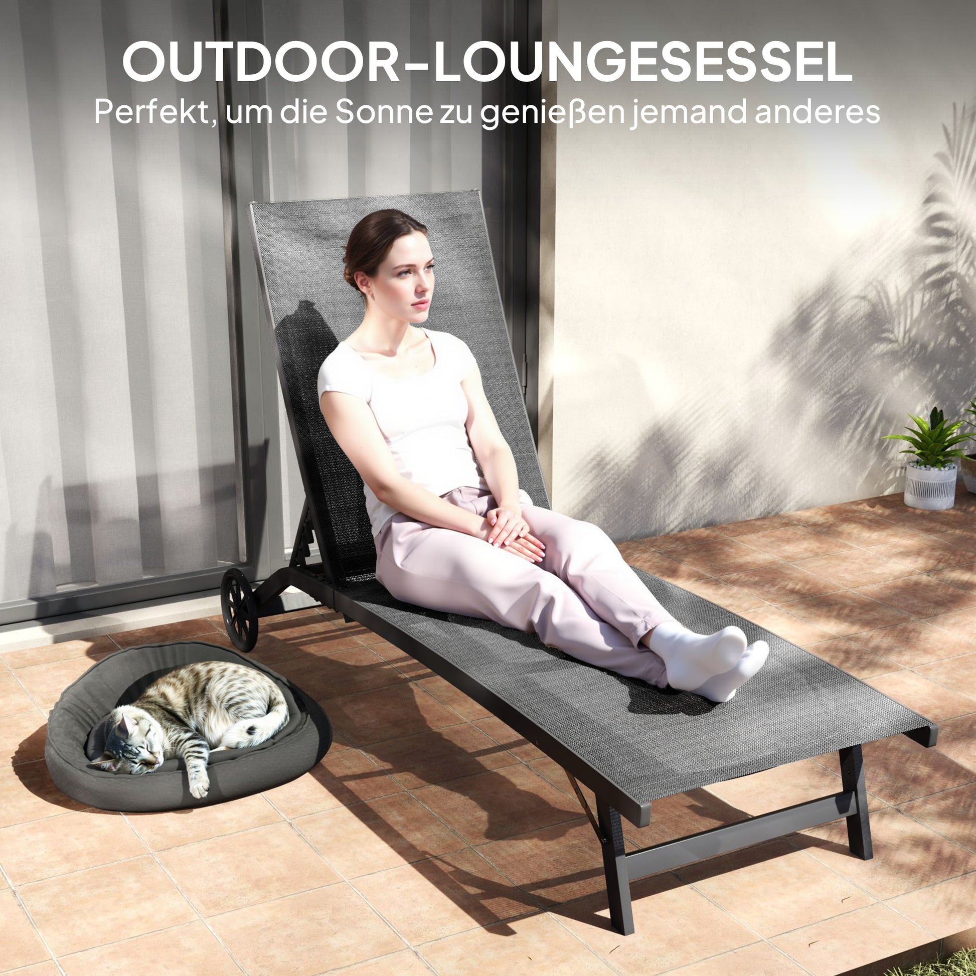 Sunbed with Wheels, Aluminum Garden Lounger with 5-position adjustable backrest, weatherproof camping bed, garden chair up to 150 kg load capacity, for garden holidays, beach, pool, Black