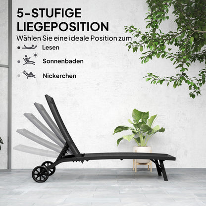 Sunbed with Wheels, Aluminum Garden Lounger with 5-position adjustable backrest, weatherproof camping bed, garden chair up to 150 kg load capacity, for garden holidays, beach, pool, Black