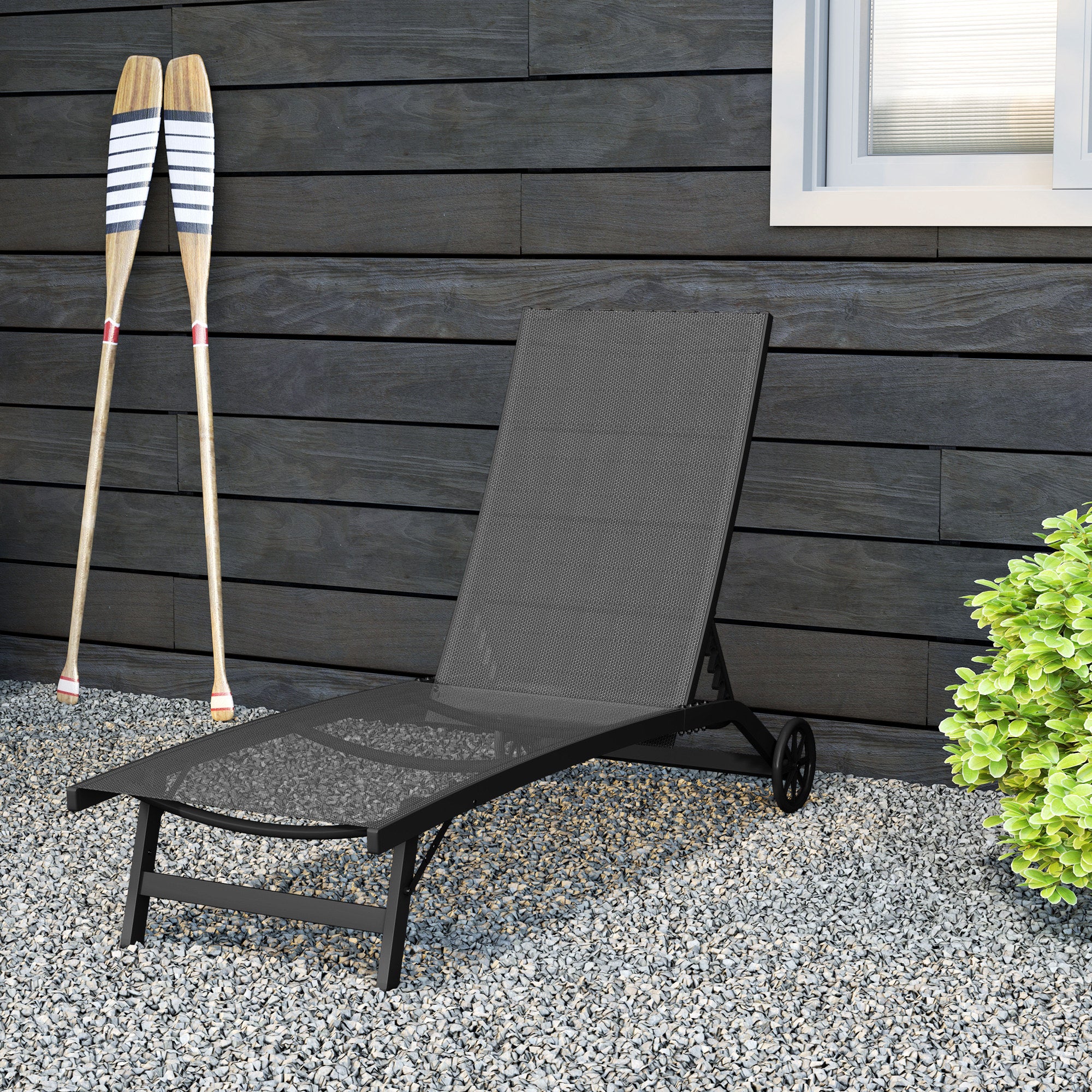 Sunbed with Wheels, Aluminum Garden Lounger with 5-position adjustable backrest, weatherproof camping bed, garden chair up to 150 kg load capacity, for garden holidays, beach, pool, Black