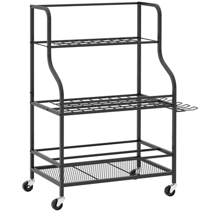 Garden Tool Organizer, 54-Slot Garden Tool Storage with 5 Hooks, Steel Garage Tool Rack on Wheels, 3 Levels for Tools, Rakes, Black