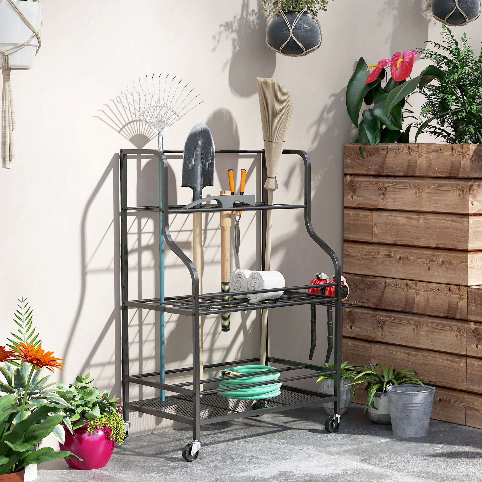 Garden Tool Organizer, 54-Slot Garden Tool Storage with 5 Hooks, Steel Garage Tool Rack on Wheels, 3 Levels for Tools, Rakes, Black