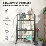 Garden Tool Organizer, 54-Slot Garden Tool Storage with 5 Hooks, Steel Garage Tool Rack on Wheels, 3 Levels for Tools, Rakes, Black