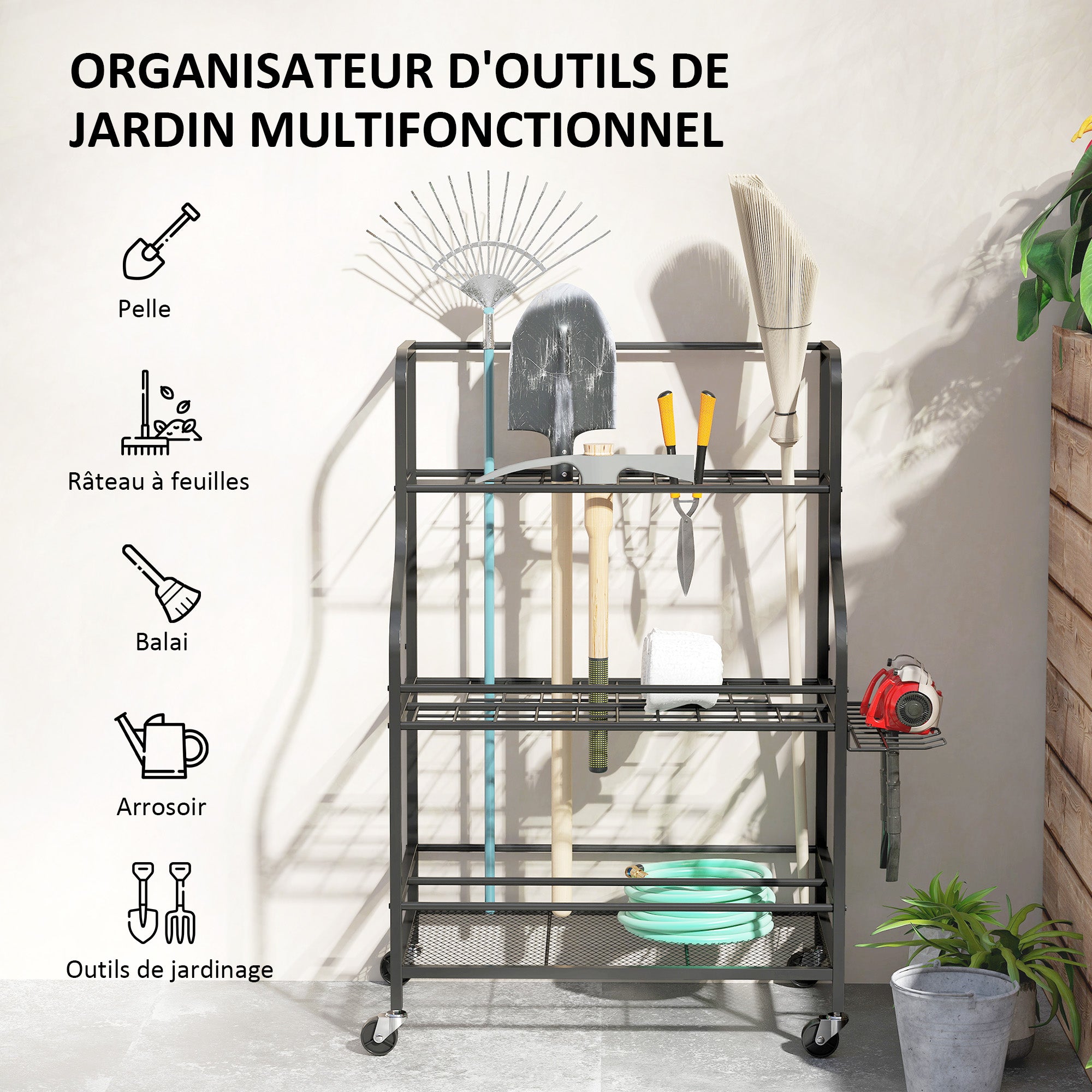 Garden Tool Organizer, 54-Slot Garden Tool Storage with 5 Hooks, Steel Garage Tool Rack on Wheels, 3 Levels for Tools, Rakes, Black