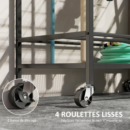 Garden Tool Organizer, 54-Slot Garden Tool Storage with 5 Hooks, Steel Garage Tool Rack on Wheels, 3 Levels for Tools, Rakes, Black