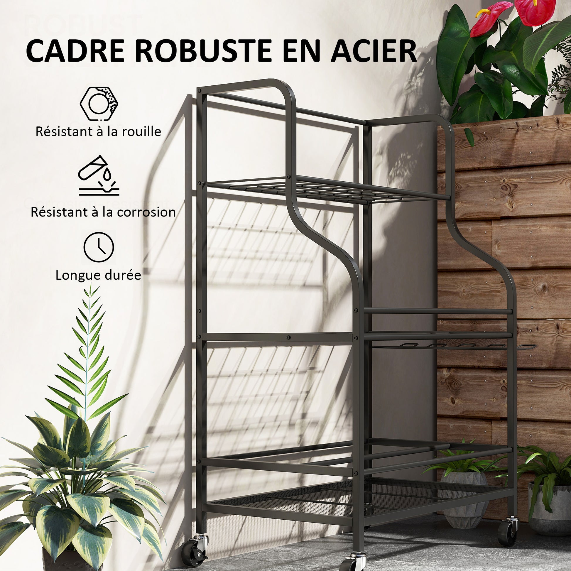 Garden Tool Organizer, 54-Slot Garden Tool Storage with 5 Hooks, Steel Garage Tool Rack on Wheels, 3 Levels for Tools, Rakes, Black