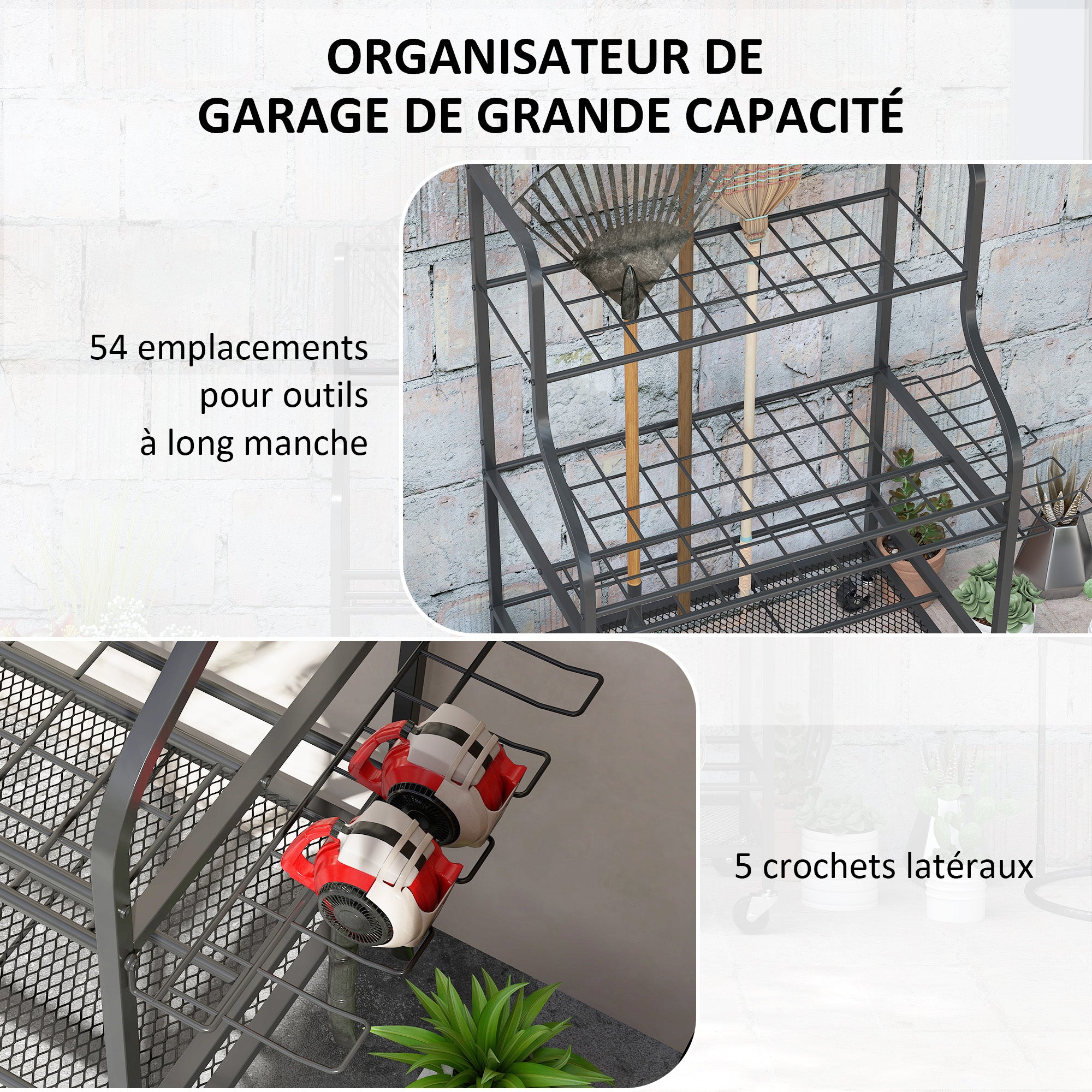 Garden Tool Organizer, 54-Slot Garden Tool Storage with 5 Hooks, Steel Garage Tool Rack on Wheels, 3 Levels for Tools, Rakes, Black
