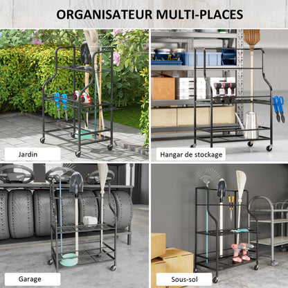 Garden Tool Organizer, 54-Slot Garden Tool Storage with 5 Hooks, Steel Garage Tool Rack on Wheels, 3 Levels for Tools, Rakes, Black