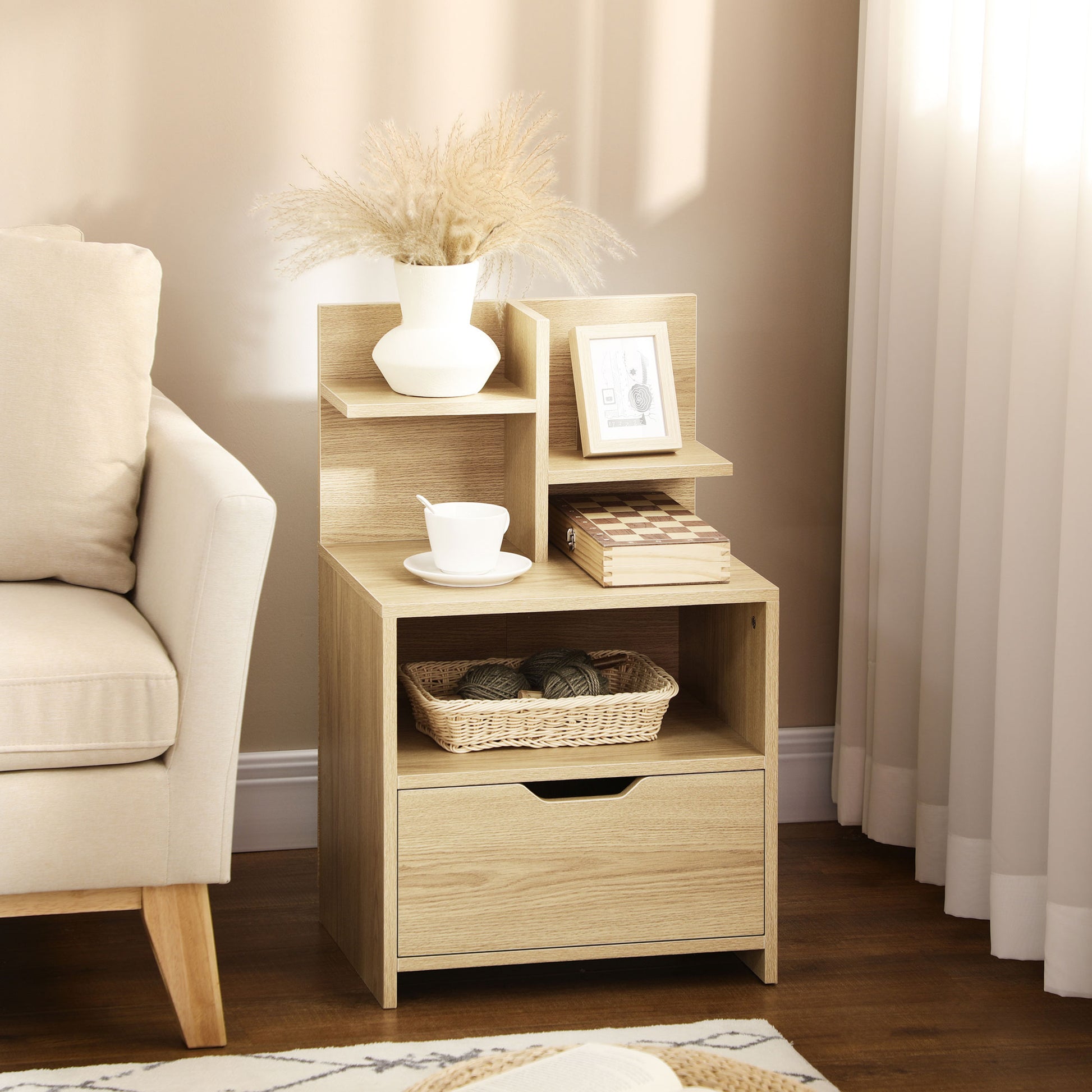 Modern Wooden Bedside Table Nightstand with Drawer and Storage Shelves Side Table for Living Room Bedroom 45x35x73 cm Natural