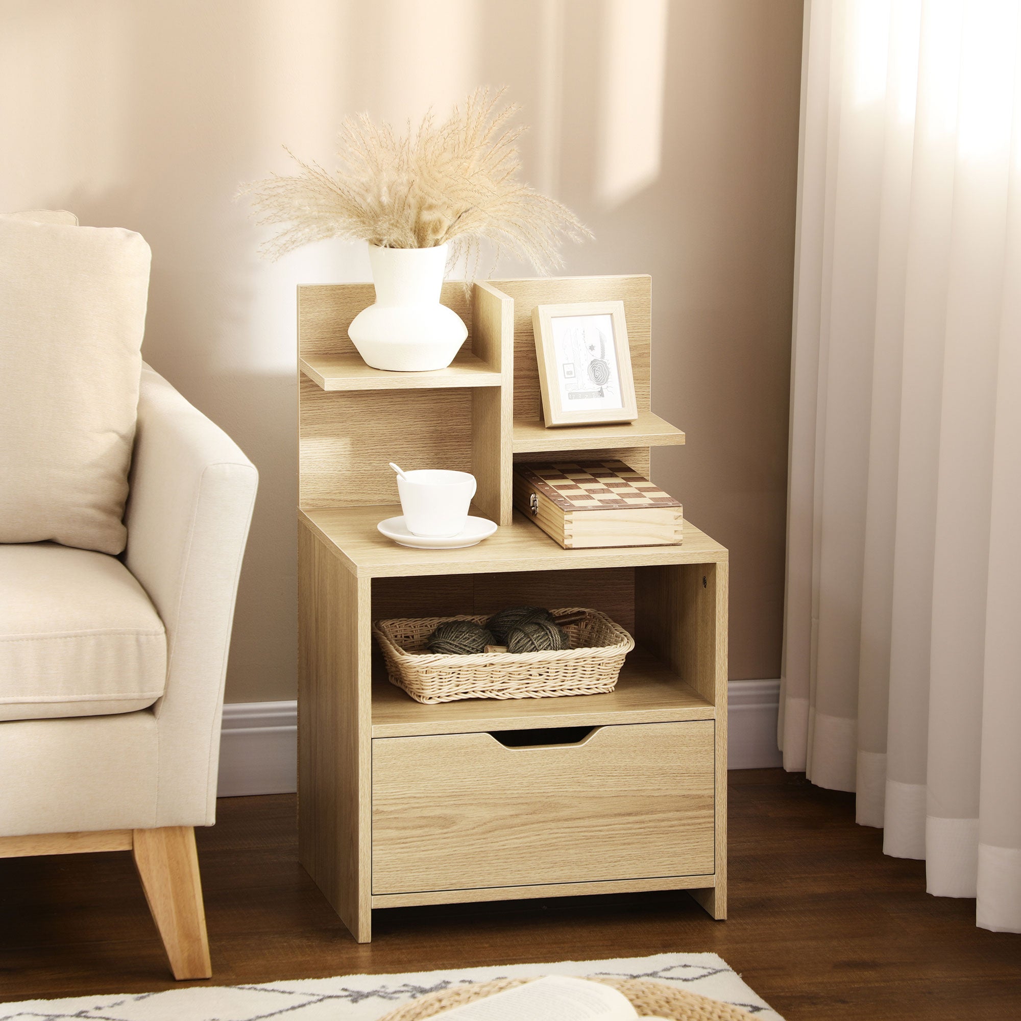 Modern Wooden Bedside Table Nightstand with Drawer and Storage Shelves Side Table for Living Room Bedroom 45x35x73 cm Natural