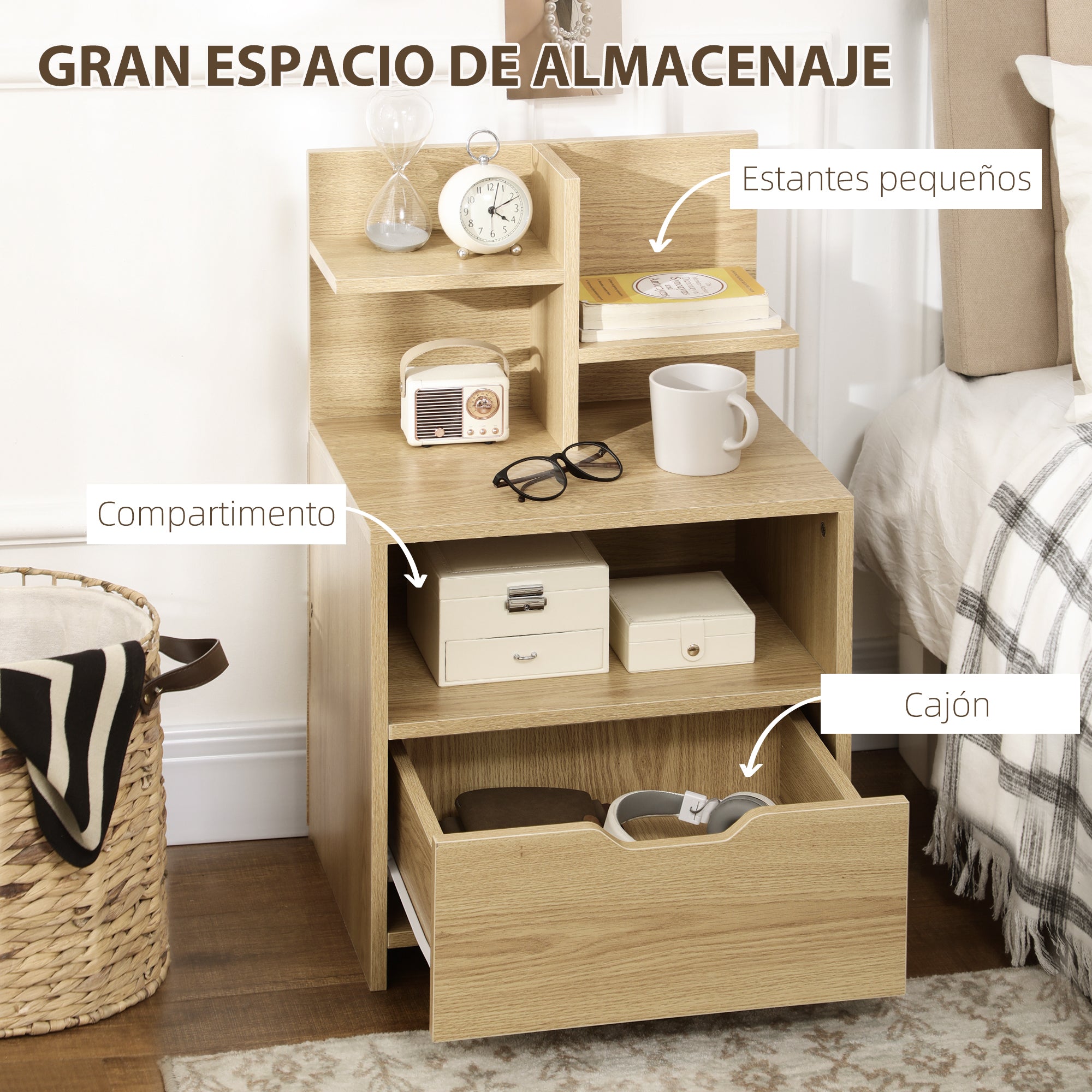 Modern Wooden Bedside Table Nightstand with Drawer and Storage Shelves Side Table for Living Room Bedroom 45x35x73 cm Natural