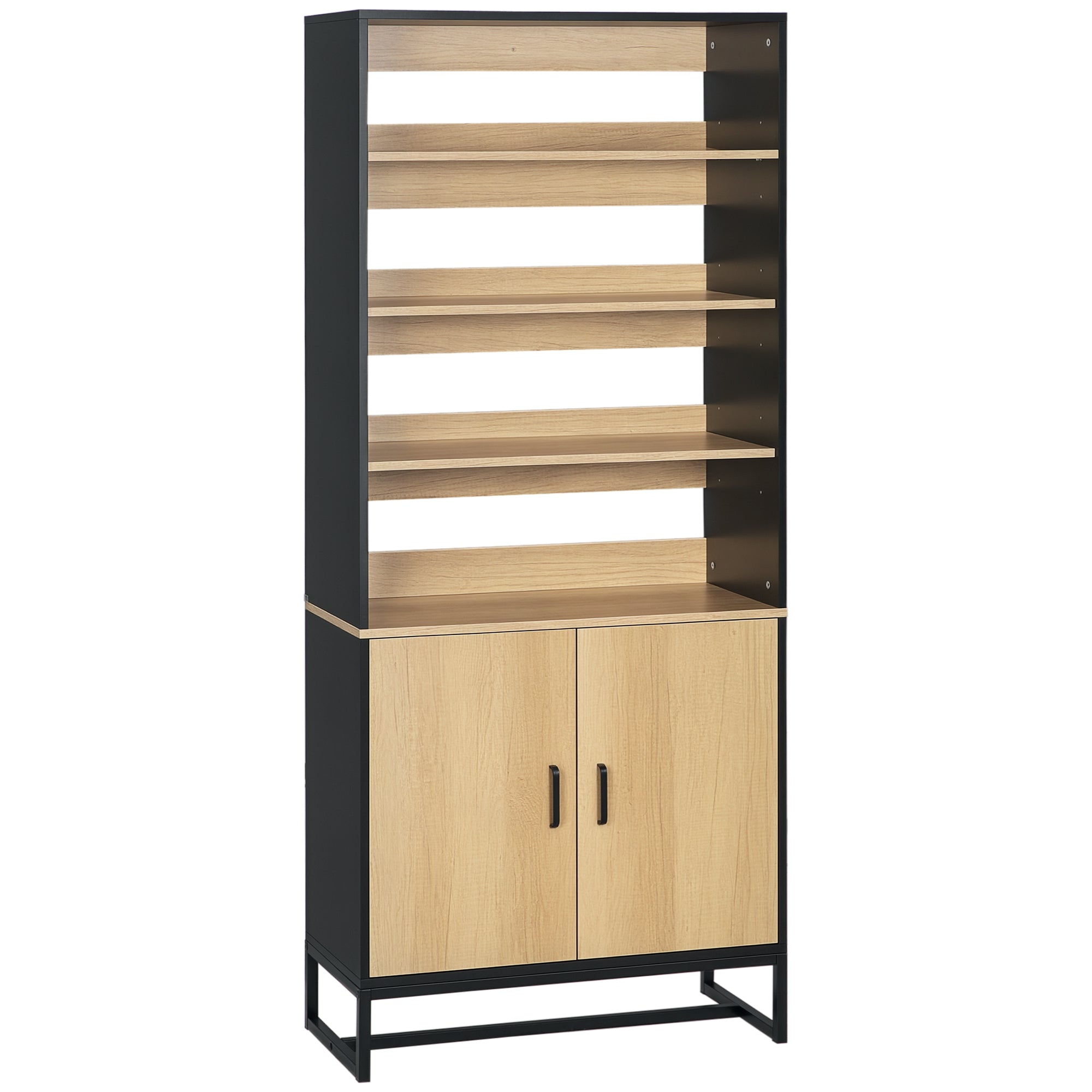 Kitchen Buffet Cabinet with Cupboard and 4 Adjustable Shelves dim. 75W x 35D x 175H cm Black and Natural