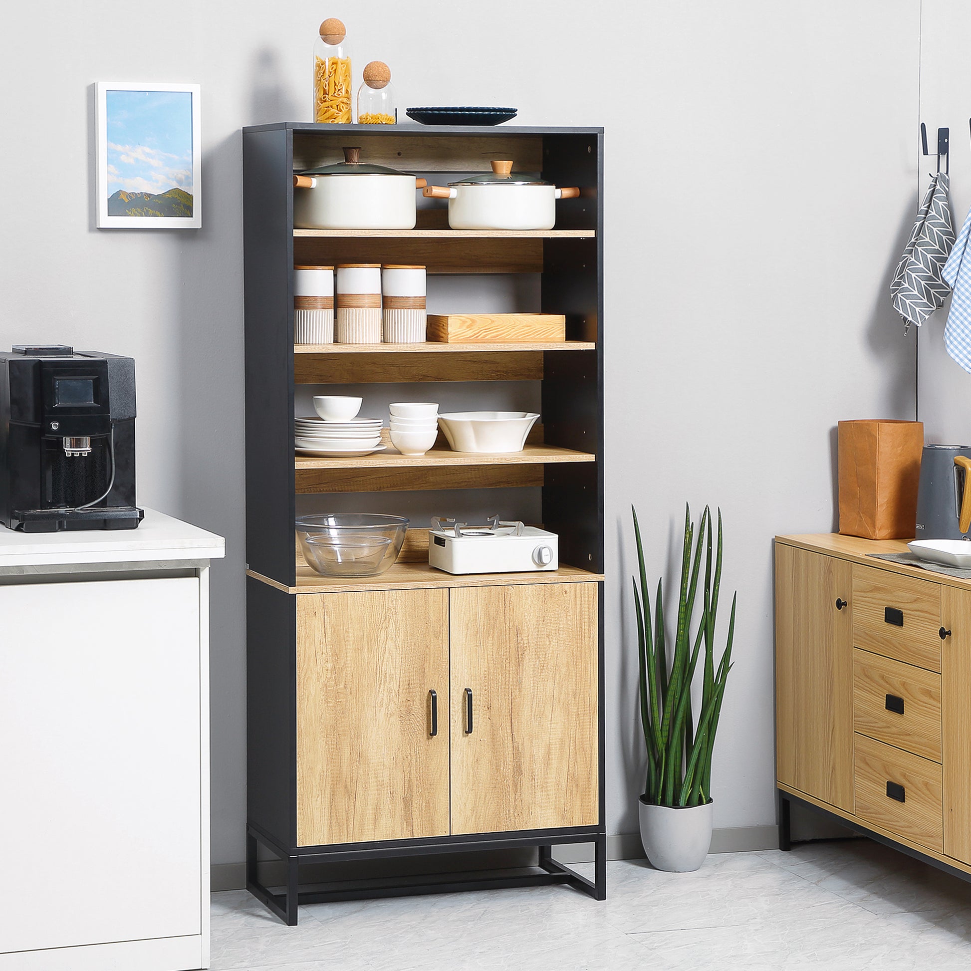 Kitchen Buffet Cabinet with Cupboard and 4 Adjustable Shelves dim. 75W x 35D x 175H cm Black and Natural