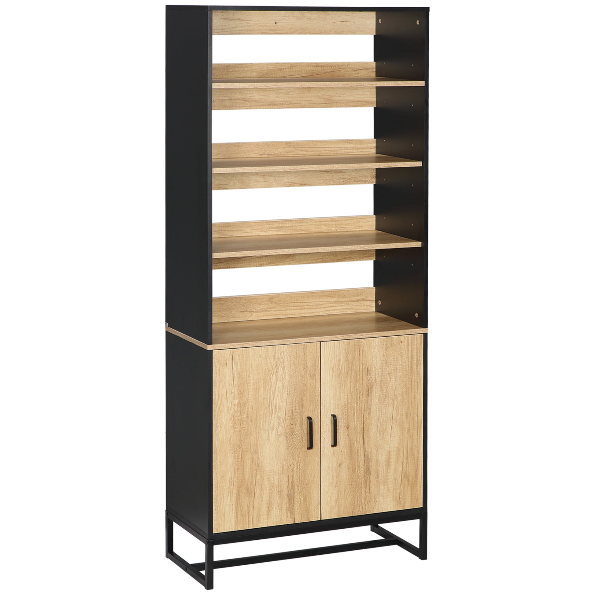 Kitchen Buffet Cabinet with Cupboard and 4 Adjustable Shelves dim. 75W x 35D x 175H cm Black and Natural