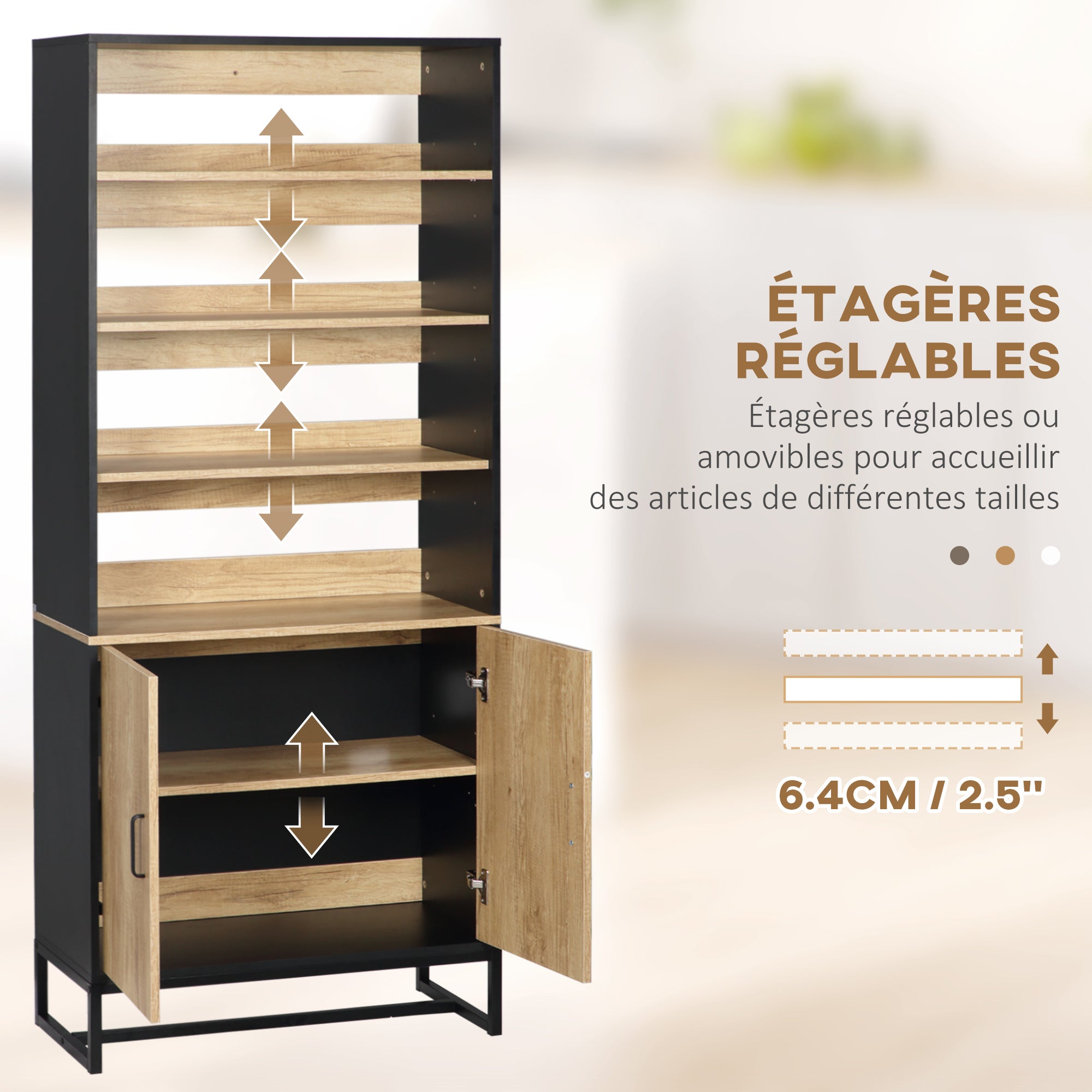 Kitchen Buffet Cabinet with Cupboard and 4 Adjustable Shelves dim. 75W x 35D x 175H cm Black and Natural