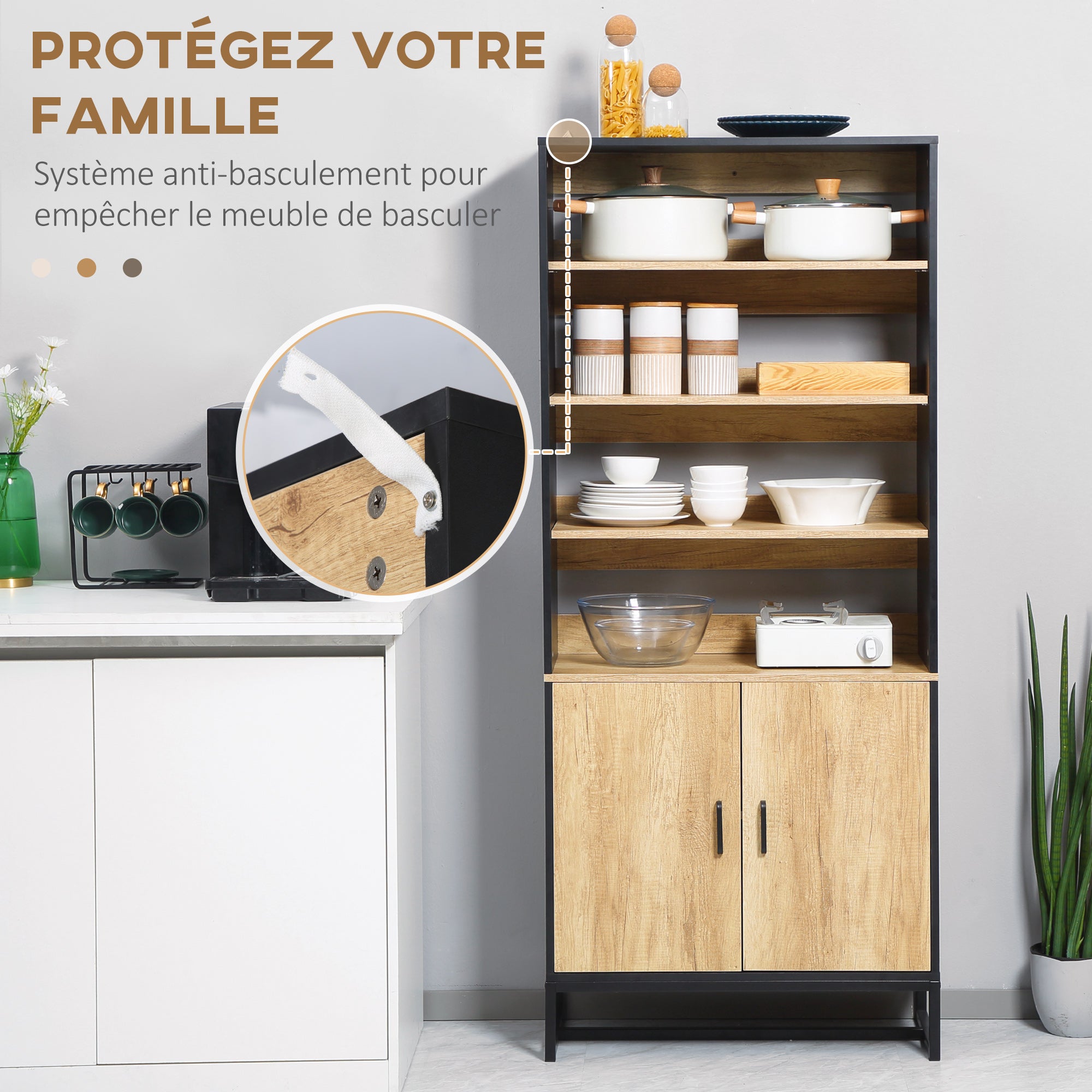 Kitchen Buffet Cabinet with Cupboard and 4 Adjustable Shelves dim. 75W x 35D x 175H cm Black and Natural