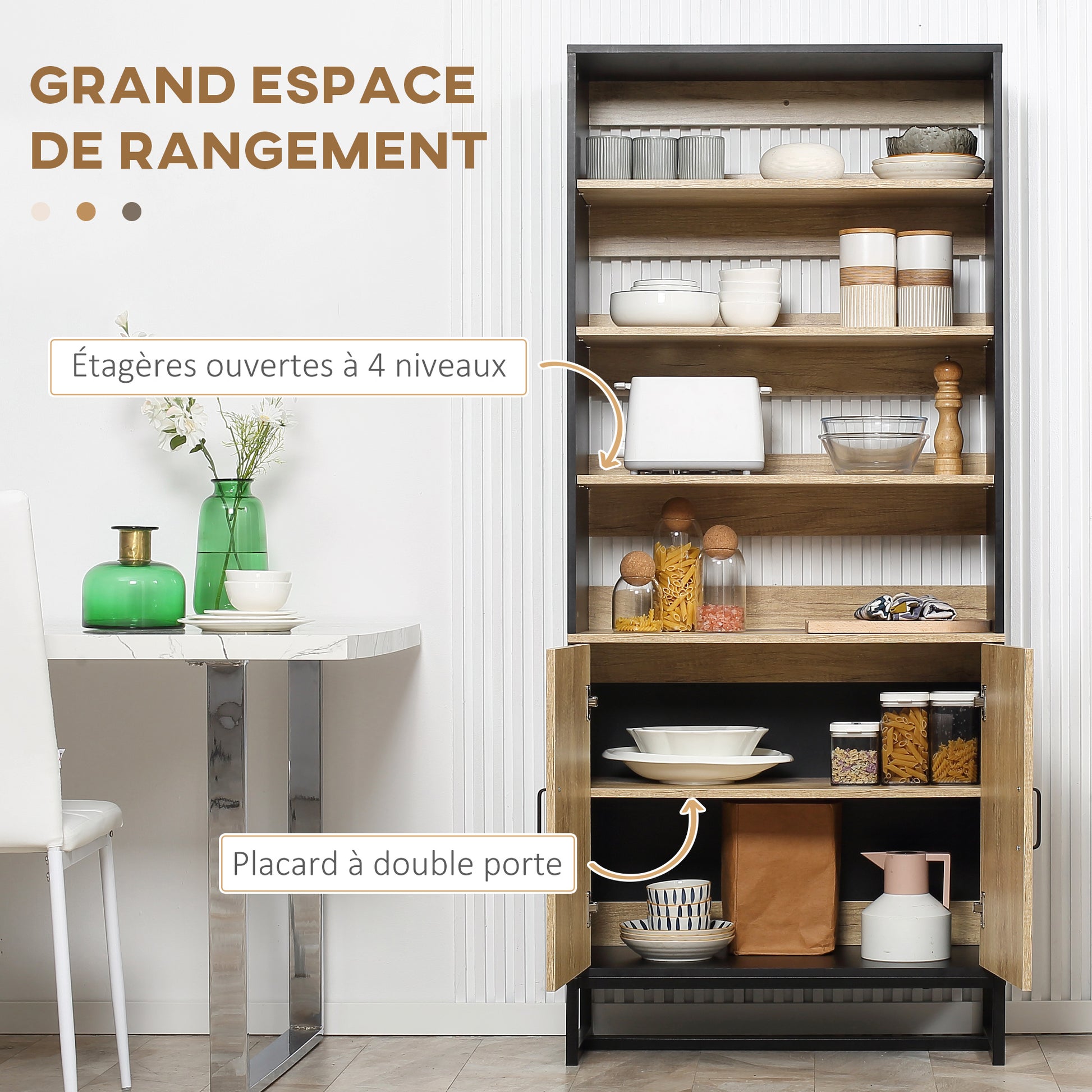 Kitchen Buffet Cabinet with Cupboard and 4 Adjustable Shelves dim. 75W x 35D x 175H cm Black and Natural