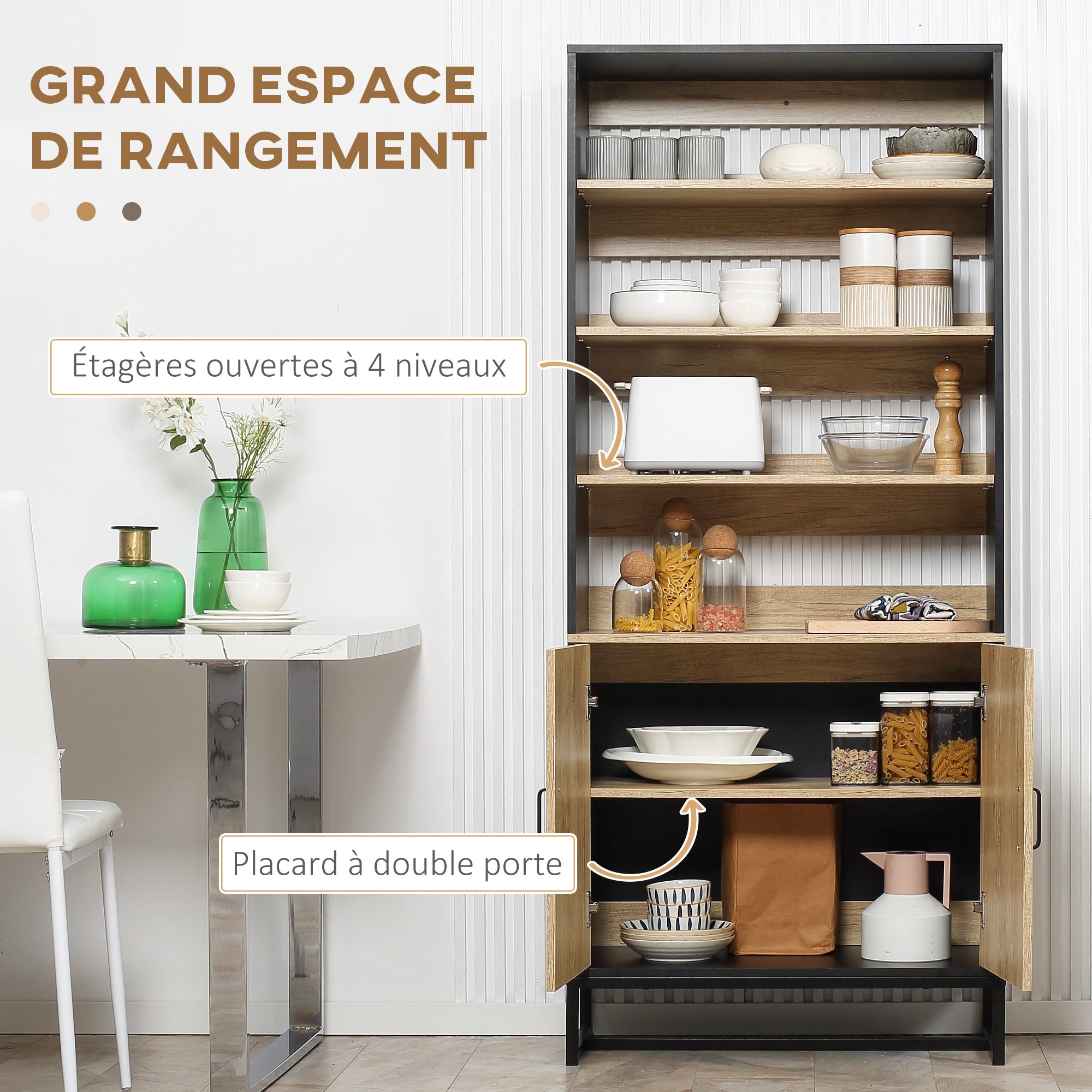 Kitchen Buffet Cabinet with Cupboard and 4 Adjustable Shelves dim. 75W x 35D x 175H cm Black and Natural