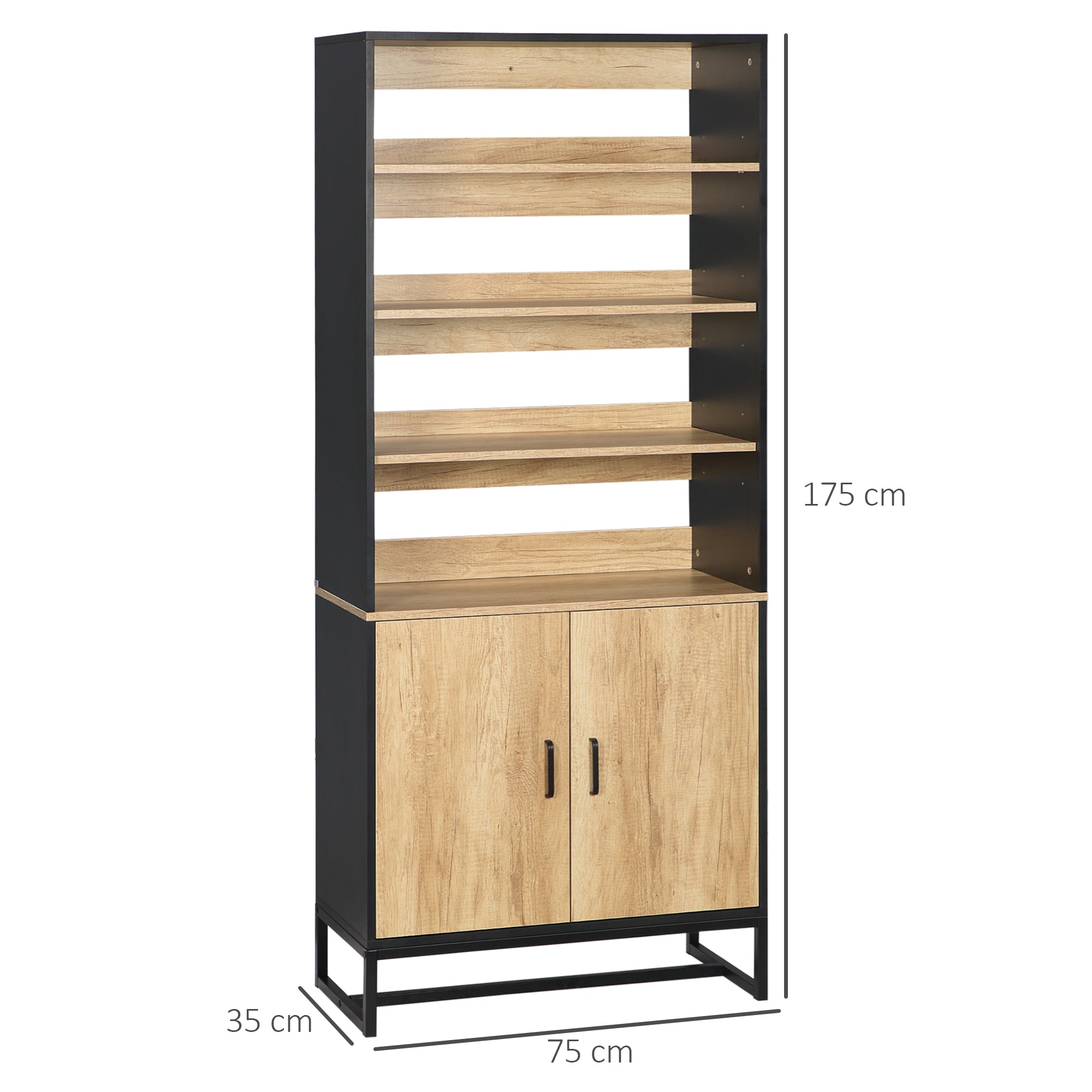 Kitchen Buffet Cabinet with Cupboard and 4 Adjustable Shelves dim. 75W x 35D x 175H cm Black and Natural