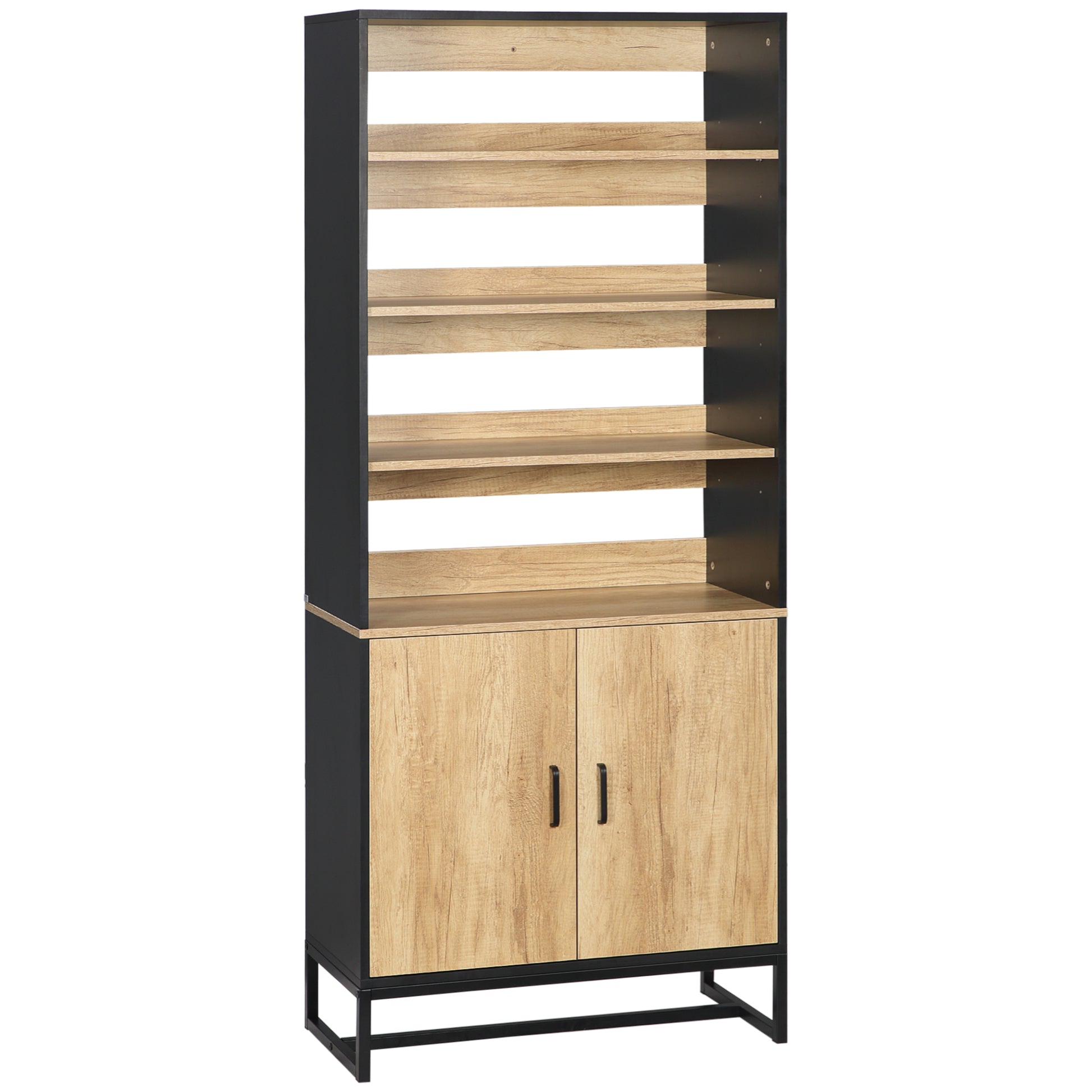 Kitchen Buffet Cabinet with Cupboard and 4 Adjustable Shelves dim. 75W x 35D x 175H cm Black and Natural