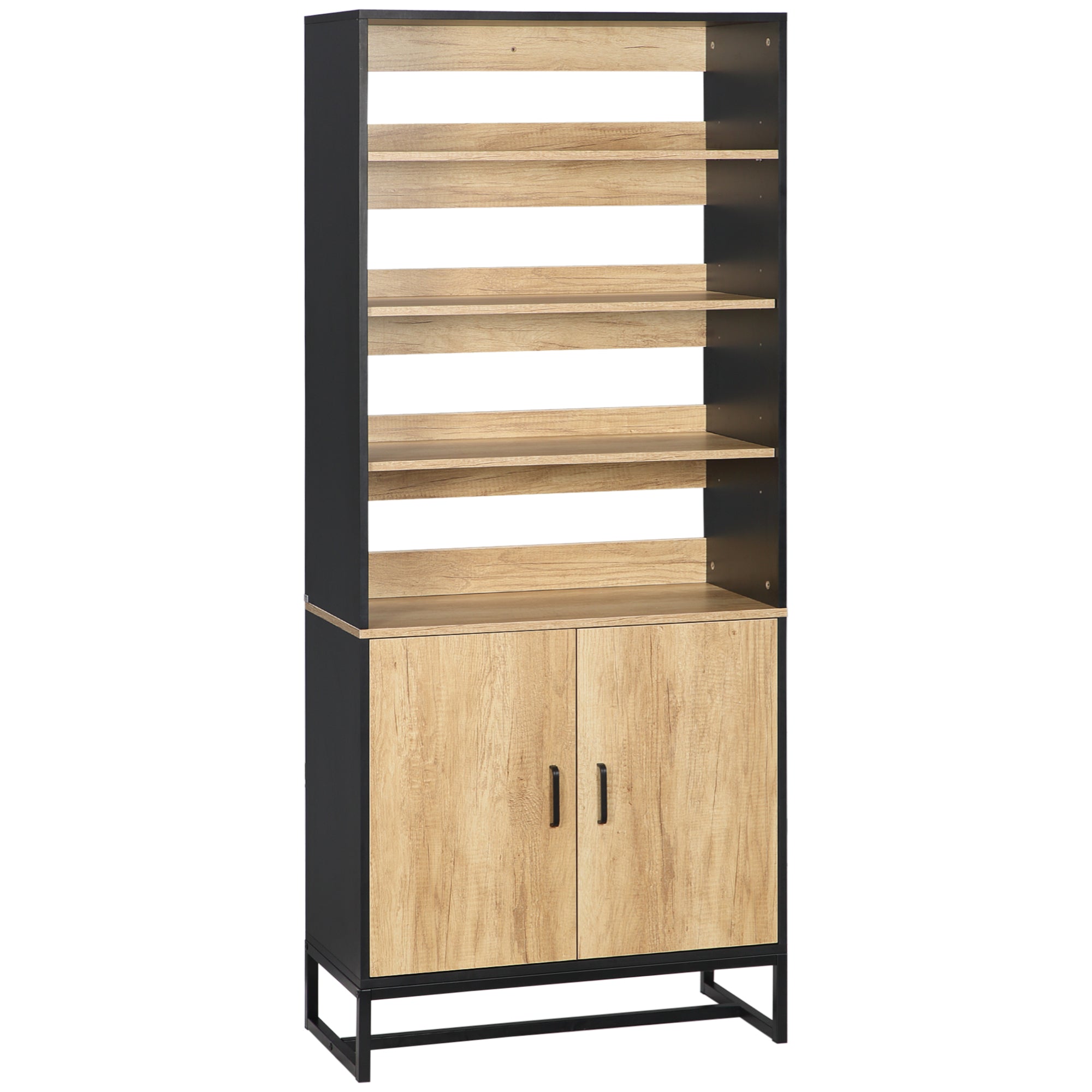 Kitchen Buffet Cabinet with Cupboard and 4 Adjustable Shelves dim. 75W x 35D x 175H cm Black and Natural