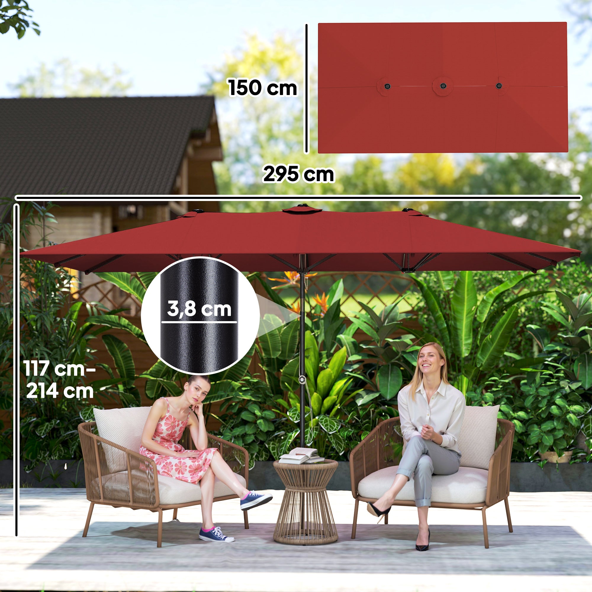 Double Rectangular Patio Umbrella, 5' x 9.7' (59" x 116"), Adjustable Height & Tilt, Wine Red
