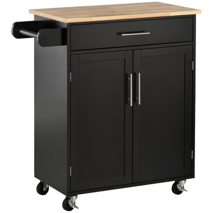 Kitchen Cart on Wheels Serving Cart Kitchen Island with Drawer, Cupboard, and Towel Holder - 83L x 45W x 91.5H cm Black