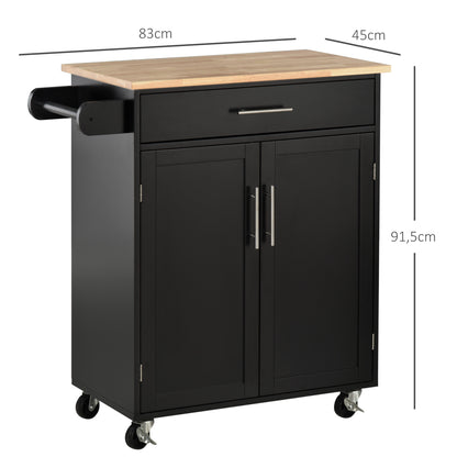 Kitchen Cart on Wheels Serving Cart Kitchen Island with Drawer, Cupboard, and Towel Holder - 83L x 45W x 91.5H cm Black