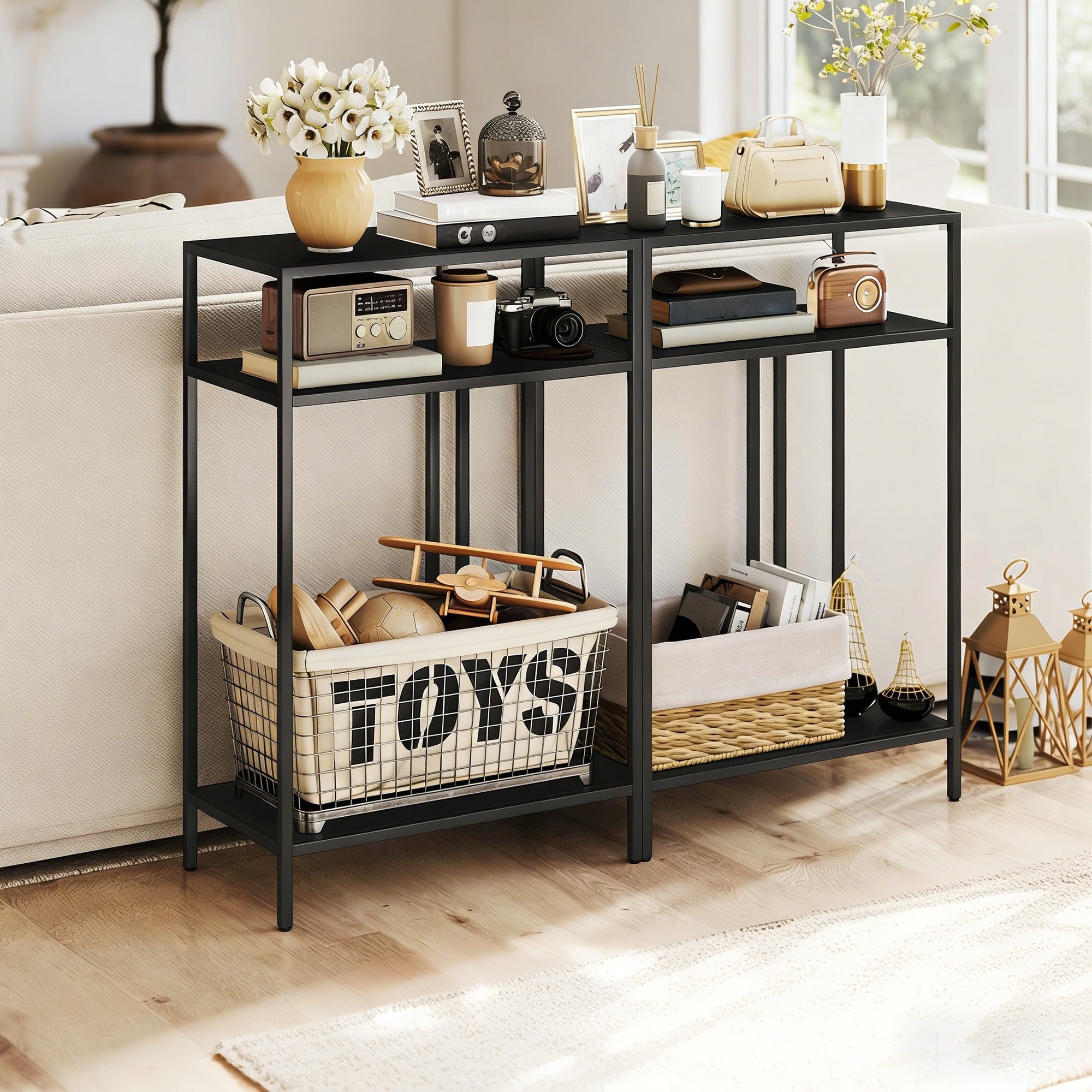 Narrow Console Table with 3 Tiers, Industrial Metal Side Table for Living Room & Hallway, 55 x 30 x 85 cm (21.7 x 11.8 x 33.5 in), Black