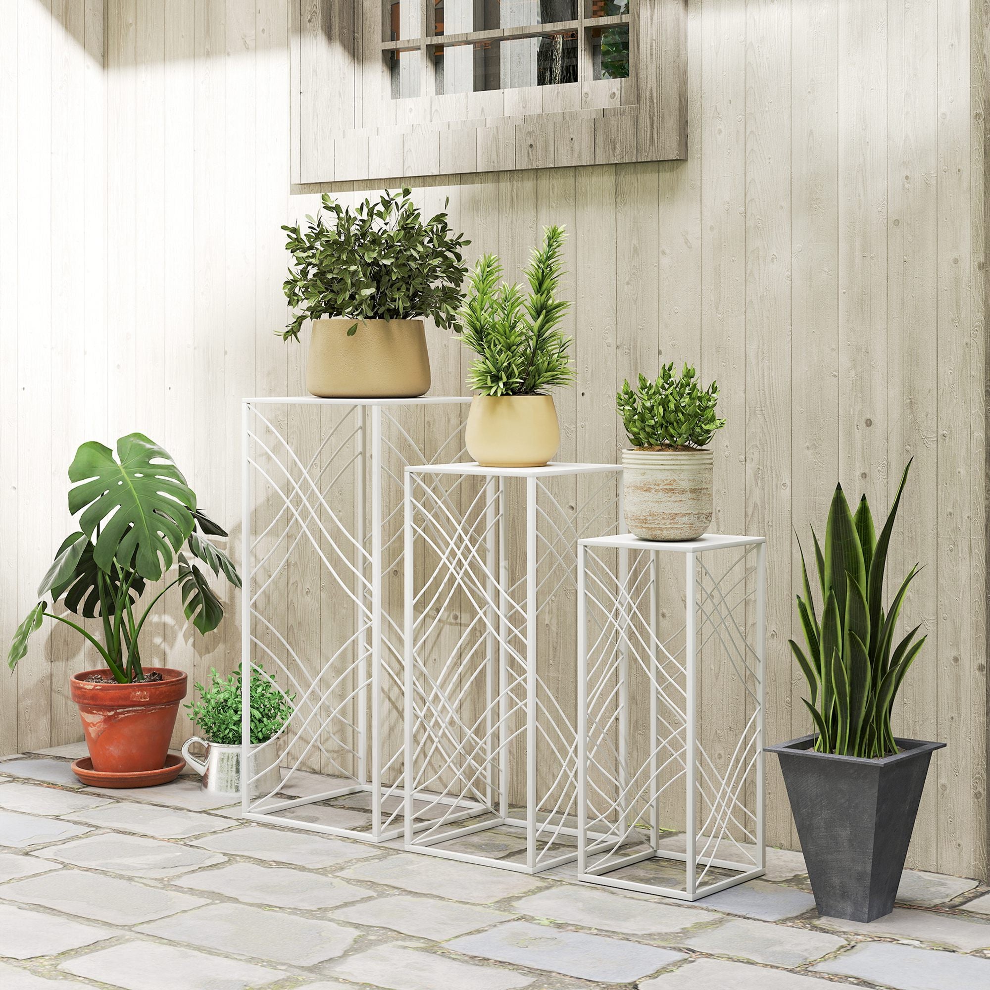 3-Piece Stackable Plant Stand Set — Powder-Coated Metal, White; Heights 19.7"/23.6"/27.6" (50/60/70 cm), Load Capacity up to 66/44/22 lb