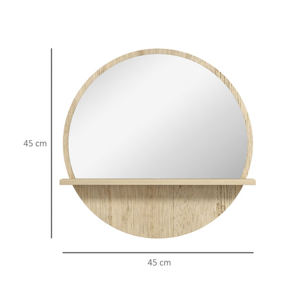 Round Wall Mirror with Bathroom Storage Shelf - Ø 45 x 10H cm - Natural Wood Effect