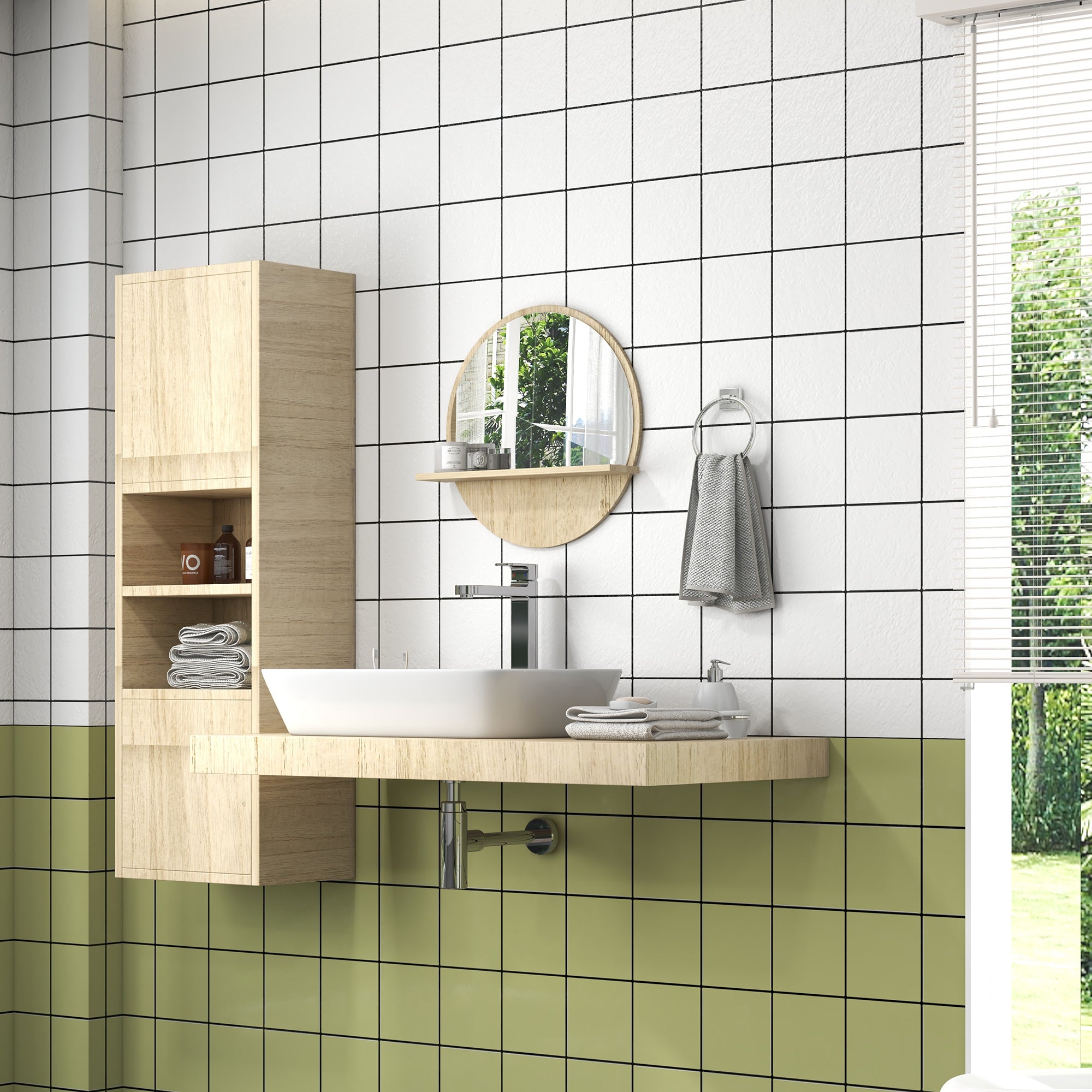 Round Wall Mirror with Bathroom Storage Shelf - Ø 45 x 10H cm - Natural Wood Effect