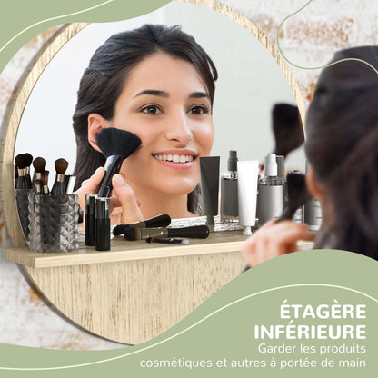Round Wall Mirror with Bathroom Storage Shelf - Ø 45 x 10H cm - Natural Wood Effect