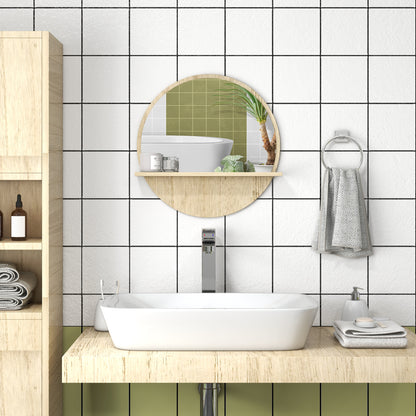 Round Wall Mirror with Bathroom Storage Shelf - Ø 45 x 10H cm - Natural Wood Effect