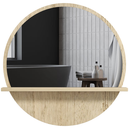 Round Wall Mirror with Bathroom Storage Shelf - Ø 45 x 10H cm - Natural Wood Effect