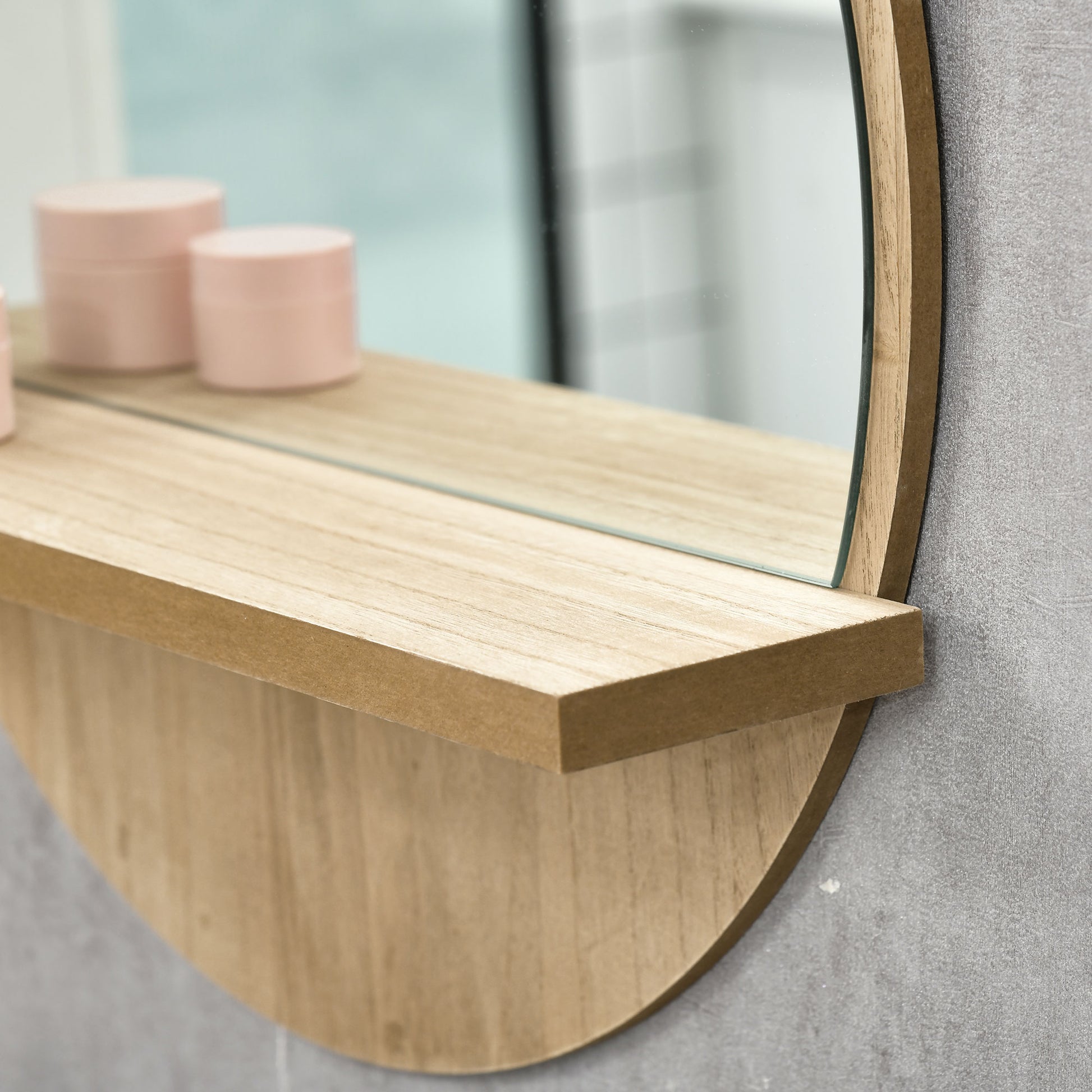 Round Wall Mirror with Bathroom Storage Shelf - Ø 45 x 10H cm - Natural Wood Effect