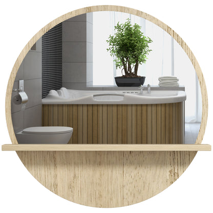 Round Wall Mirror with Bathroom Storage Shelf - Ø 45 x 10H cm - Natural Wood Effect