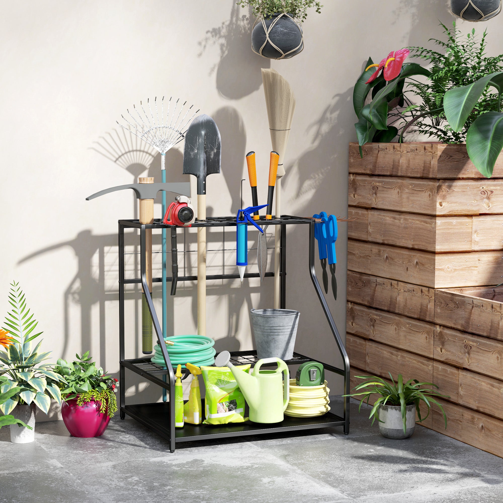 Garden Tool Organizer with Hooks, 3-Tier Garage Tool Holder, Garden Tool Stand for Pruners, Shovels, Rakes for Garden, Orange Garage