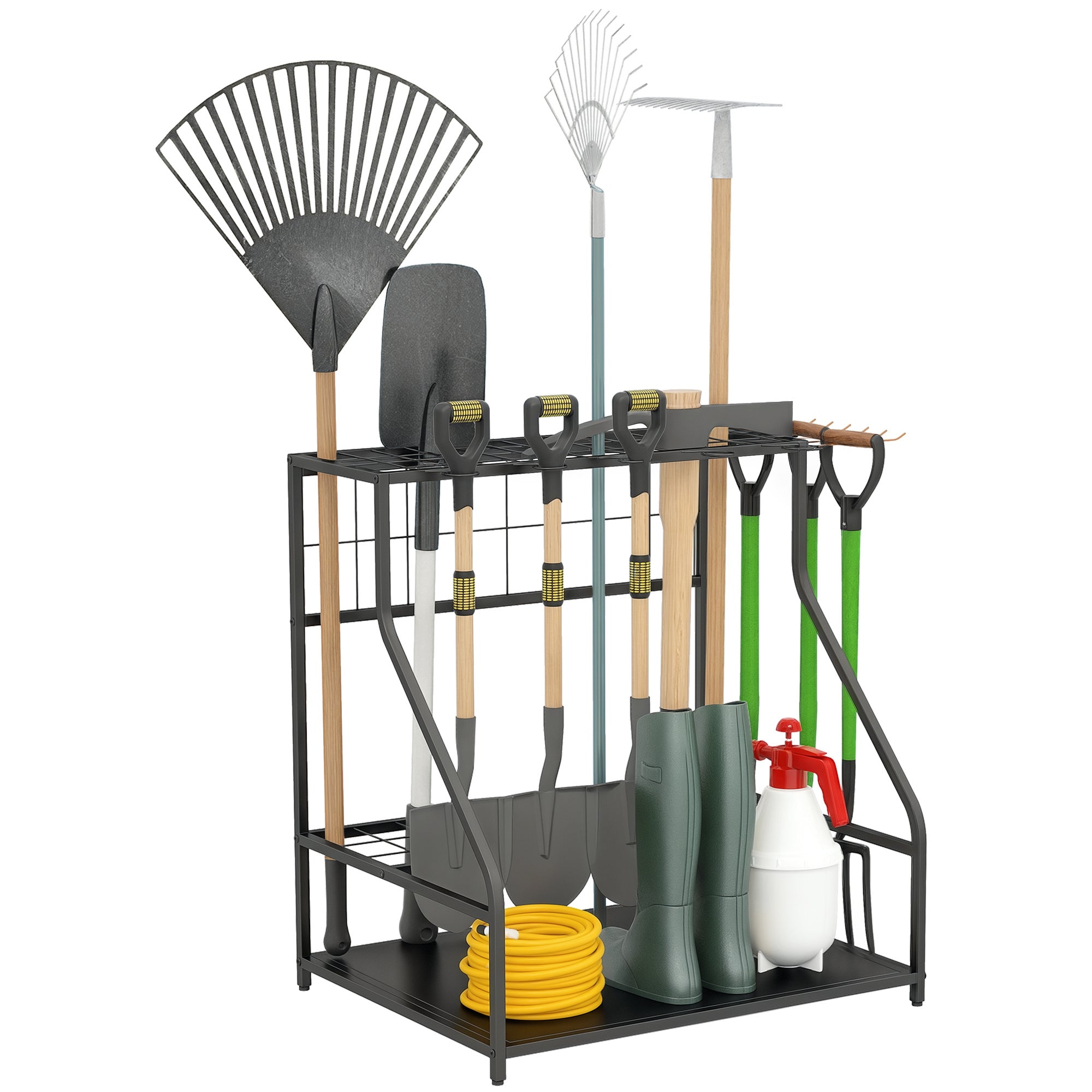 Garden Tool Organizer with Hooks, 3-Tier Garage Tool Holder, Garden Tool Stand for Pruners, Shovels, Rakes for Garden, Orange Garage