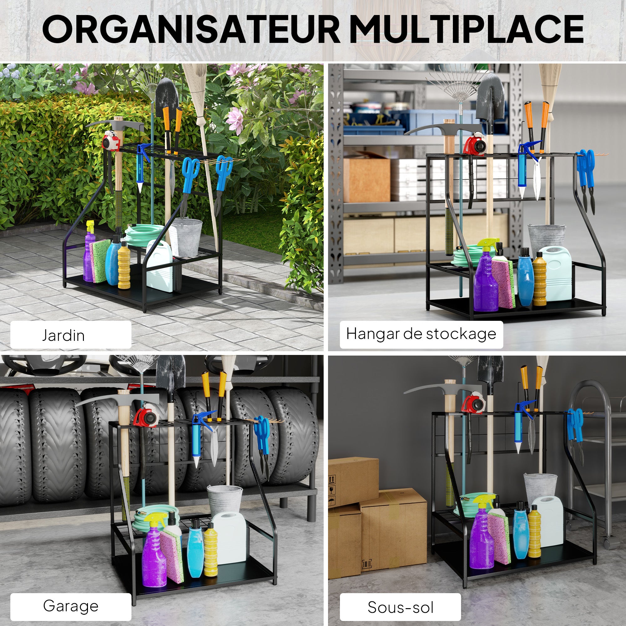 Garden Tool Organizer with Hooks, 3-Tier Garage Tool Holder, Garden Tool Stand for Pruners, Shovels, Rakes for Garden, Orange Garage