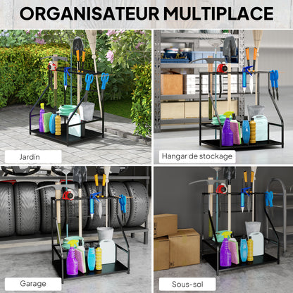 Garden Tool Organizer with Hooks, 3-Tier Garage Tool Holder, Garden Tool Stand for Pruners, Shovels, Rakes for Garden, Orange Garage