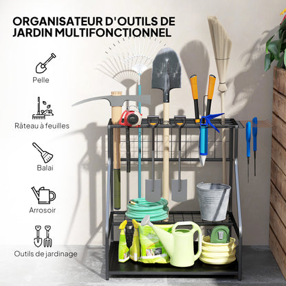 Garden Tool Organizer with Hooks, 3-Tier Garage Tool Holder, Garden Tool Stand for Pruners, Shovels, Rakes for Garden, Orange Garage