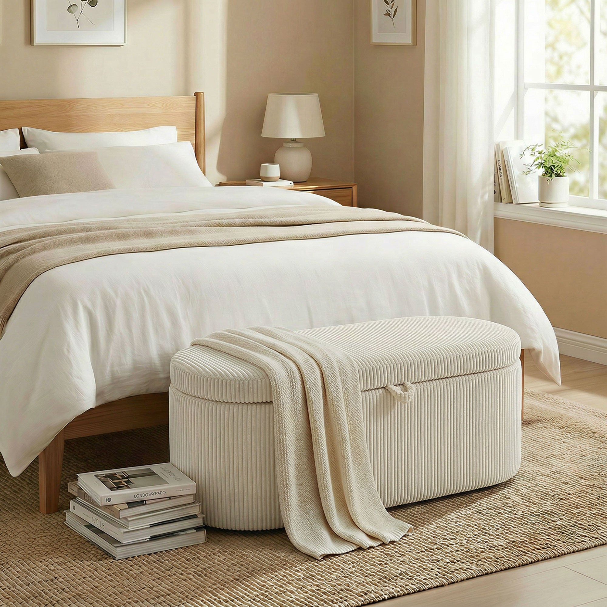 Upholstered Storage Bench with Corduroy Stripe – 41.3 x 20.1 x 19.3 in, Hidden Storage Ottoman, 441 lb Capacity, Beige