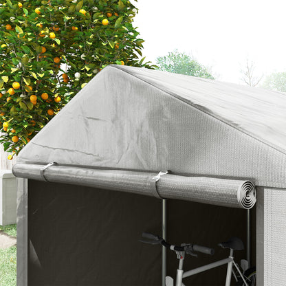 Outdoor Motorcycle Garage Storage Shed with UV Protection and Zippered Entrance, Garage Tent for Bicycles and Tools in Galvanized Metal and PE Fabric, 160x218x172 cm, Light Gray