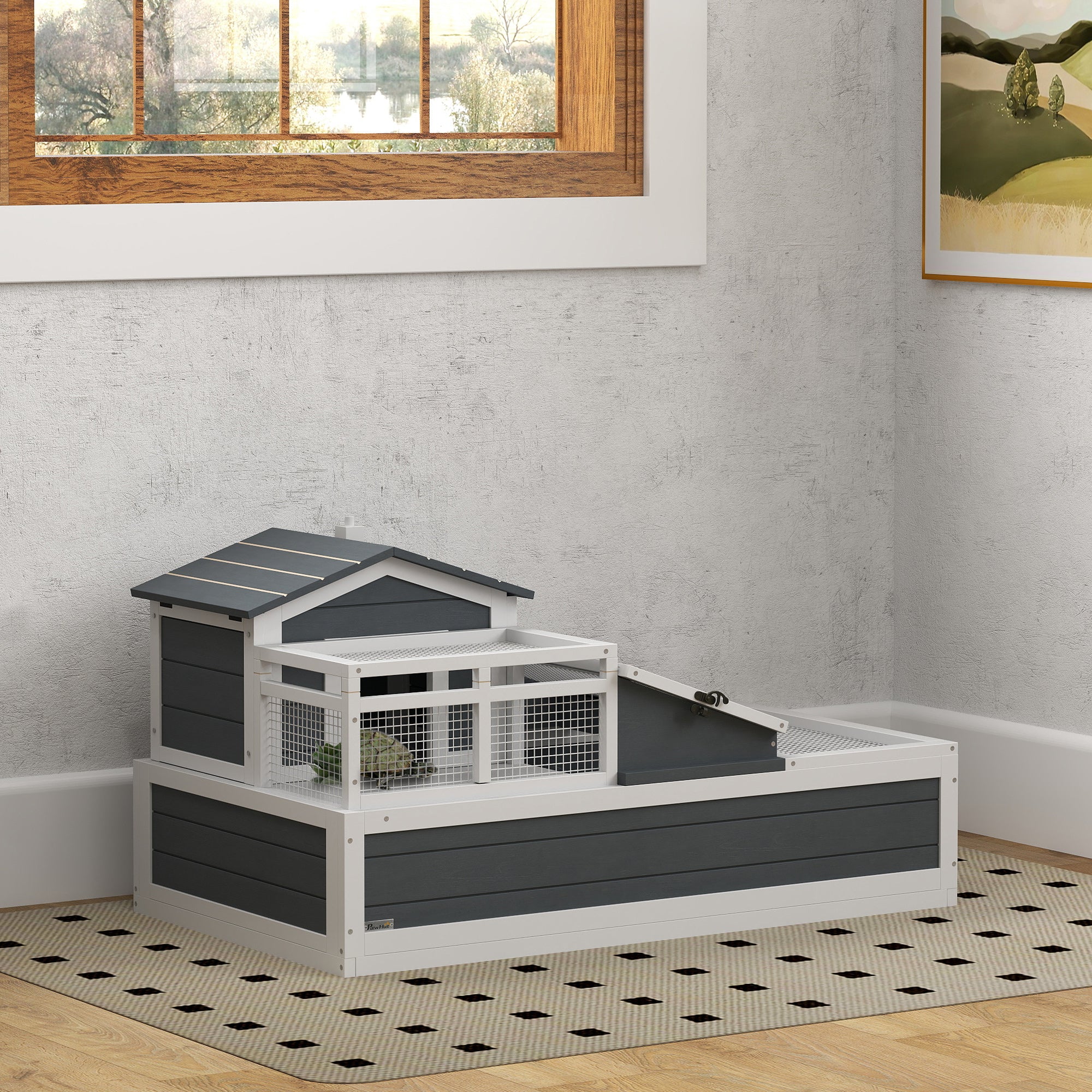 Wooden Turtle House — 2-Level Turtle Enclosure with Balcony, Hinged Roof & Pull-Out Tray, Outdoor Reptile Habitat, Gray