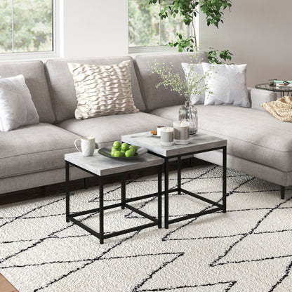 Set of 2 nestable square coffee tables with steel frame and gray wood tabletops