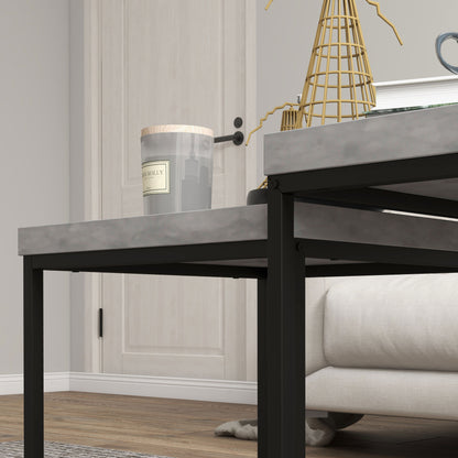 Set of 2 nestable square coffee tables with steel frame and gray wood tabletops
